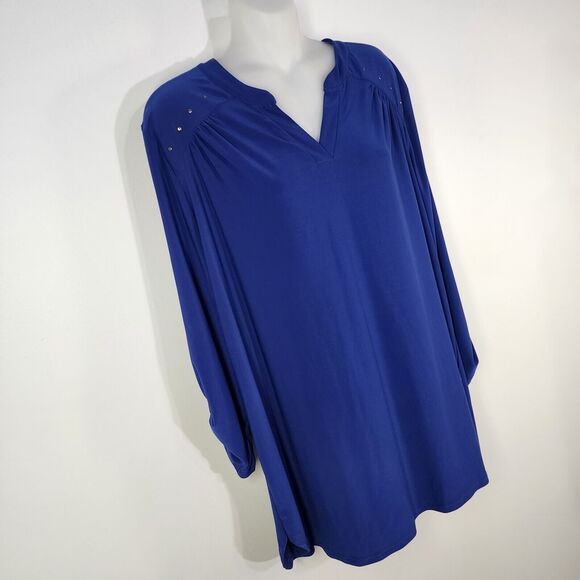 Denim & Co Tunic Top Womens 1X Blue Split V Neck 3/4 Tab Sleeve Studded Detail - Picture 5 of 11